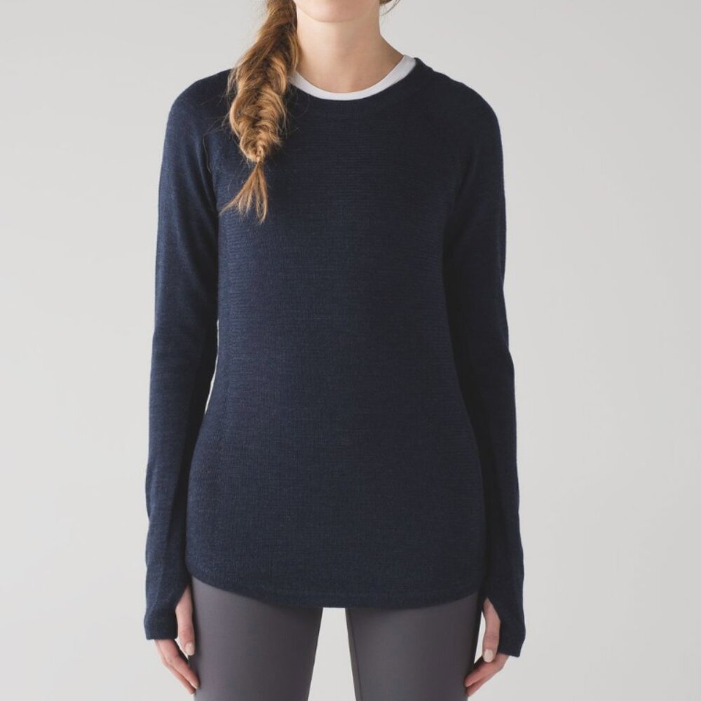 Lululemon Sit In Lotus Sweater Heathered Inkwell Women's 6 Merino Wool Navy Knit